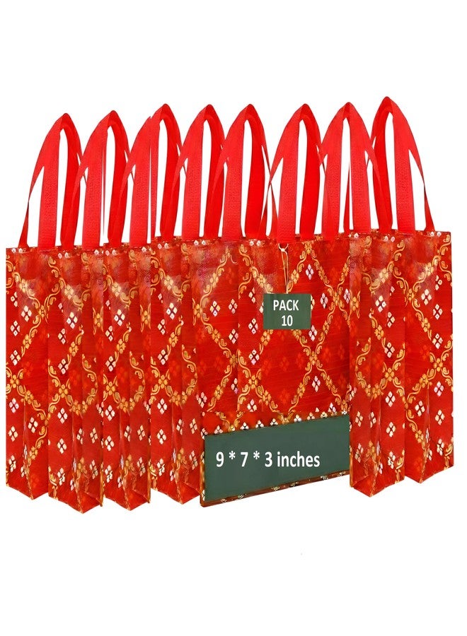 ekysa dekor Bandhani Red Bags with Handles (Pack of 10) - 9x7x3 Inches, Reusable Non-woven Laminated Eco-Friendly Glossy Tote Bags for Wedding/Party Return Gift, Festive Hamper (Water-Resistant) - Image 1